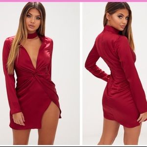 Burgundy Satin Choker Detail Wrap Bodycon Dress